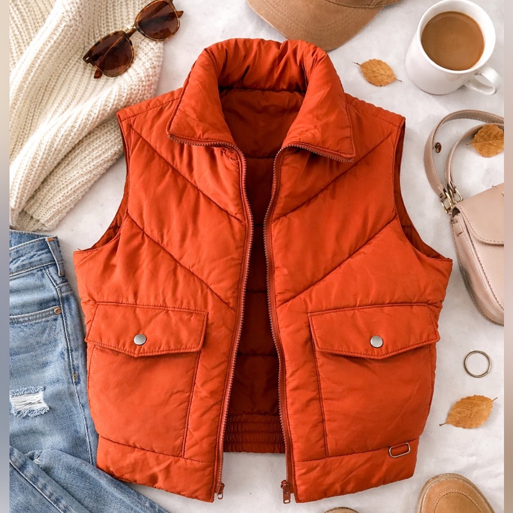 Hiking Vest Reversible Burnt Orange Puffer Vest Quilted Utility Style